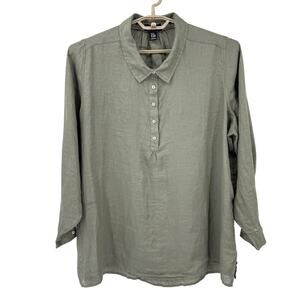 JNY Jones New York 100% Linen Tunic Popover Blouse Top Moss Green Size 2X
